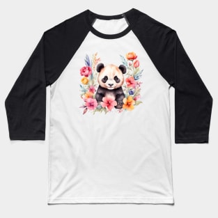 A panda bear decorated with beautiful watercolor flowers Baseball T-Shirt